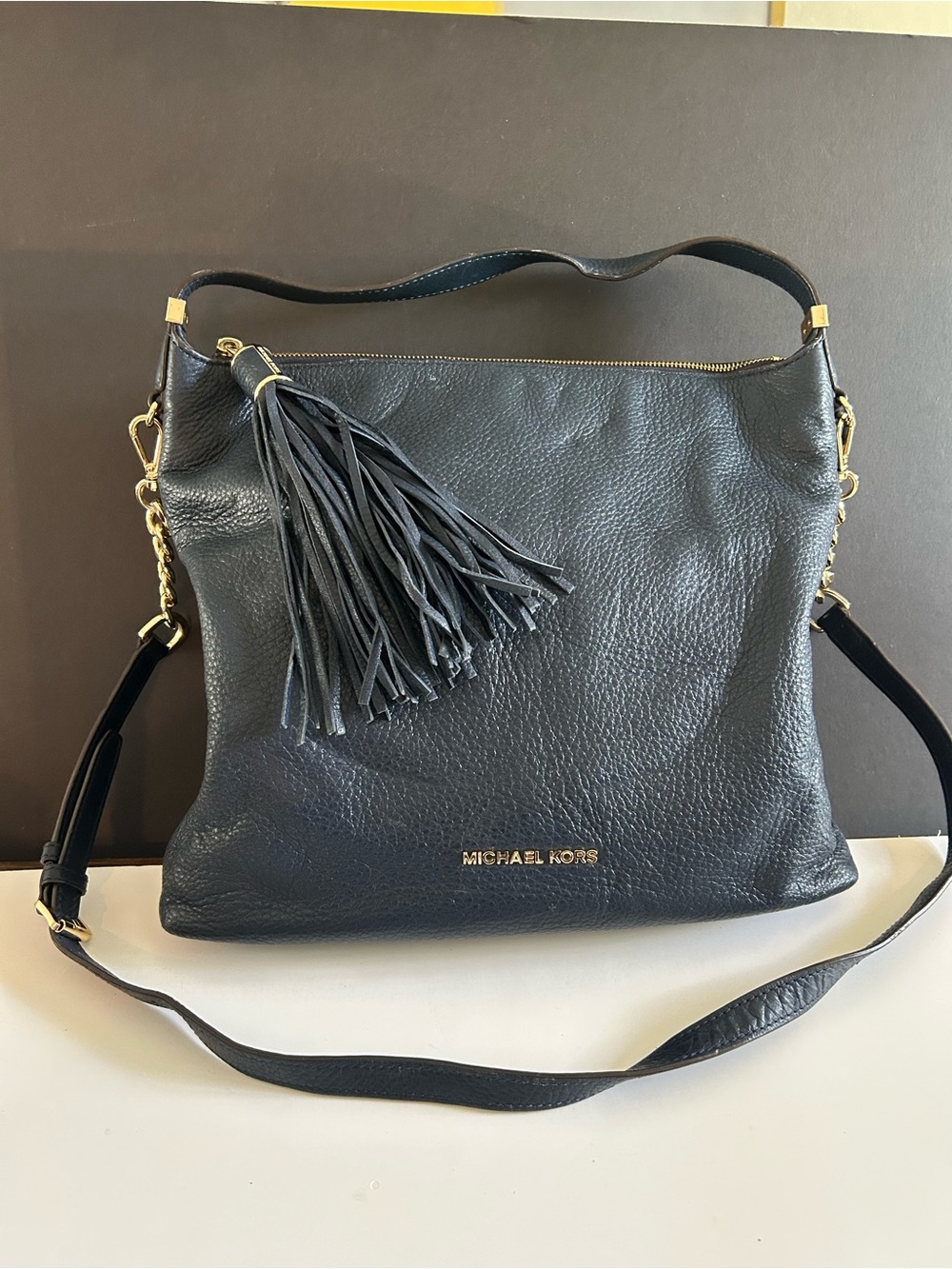Michael Kors Navy Leather Tassel Shoulder Bag with Gold Hardware